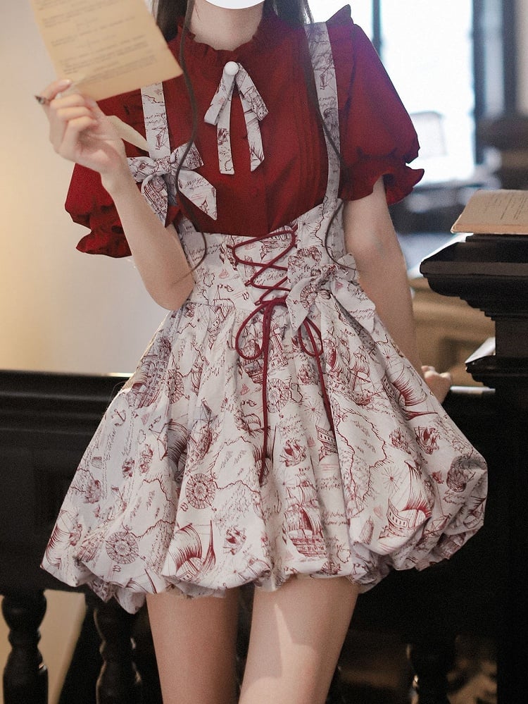 Wine Red Jacquard Overall Dress Bubble Skirt with Lace-up Waist