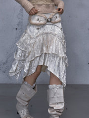 Wasteland Punk Style Off-white Tiered Skirt with Handkerchief Hemline & Patchwork Design