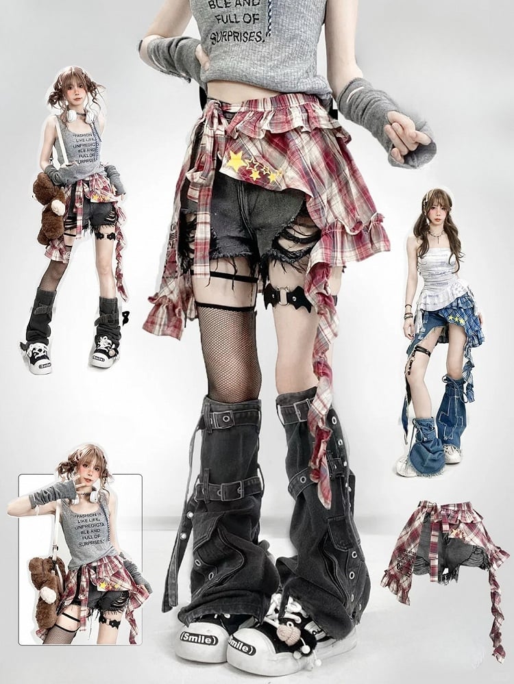 Y2K Bittersweet Black Distressed Holes Design Shorts +  Leg Warmers + Red Plaid Accessory