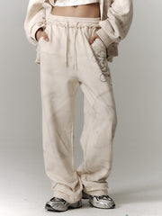 Wasteland Punk Beige Elastic Waist Unisex Distressed Pants