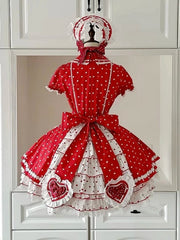 Red & White Heart Polka Dot Sweetheart Applique Sweet Lolita Dress with Bow Accents