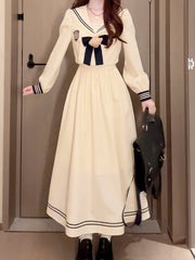 Beige & Dark Blue Sailor Collar Lolita Long-Sleeve Top + Maxi Dress Set