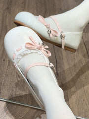 Sweet Lolita White Round-Toe Flats - Pink Knotted Bow Accent & Heart-Shaped Buckle with Delicate Lace Trim