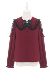 Wine Red Cross Embroidered Pointed Collar Blouse with Lace Shoulders