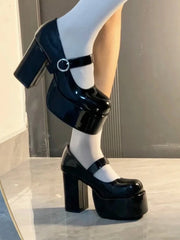 Y2K Black High Block Heel Shoes - Mary Jane Style with Circular Buckle Accent