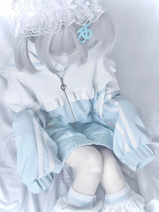 White&Blue Jirai Kei Sailor Collar Zip Closure Sweatshrit Jacket With Asymmetrical Leg Warmers
