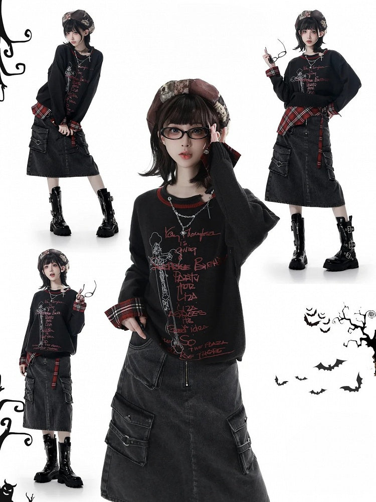 Y2K Black Distressed Sweater with Cross Print & Red Plaid Cuffs