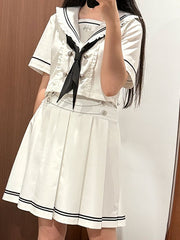 White Navycore JK Uniform Set- Sailor Collar Short Sleeves Top + 39CM / 42CM Pleated Skirt