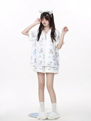 White Short Sleeve Pyjama Set with Puppy and Kitten Print