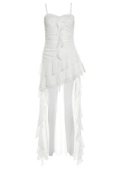 White Y2K Glamorous Ruffles Trim Asymmetrical Hem Holiday Cami Top