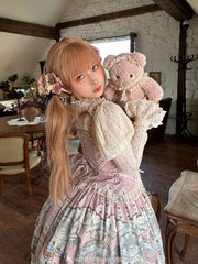 Pink Bear Printed Square Neckline Sweet Lolita Dress with Corset Lacing