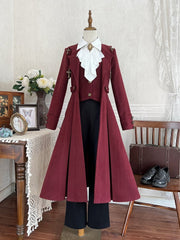 White Ouji Lolita Long Sleeves Shirt + Black High Waist Pants + Cross Charms Red Bat Wings Collar Coat
