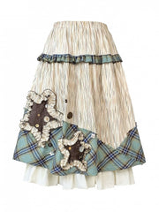 Bohemian Mori Kei Midi Skirt: Vintage Beige & Green Plaid Patchwork with Star Appliques