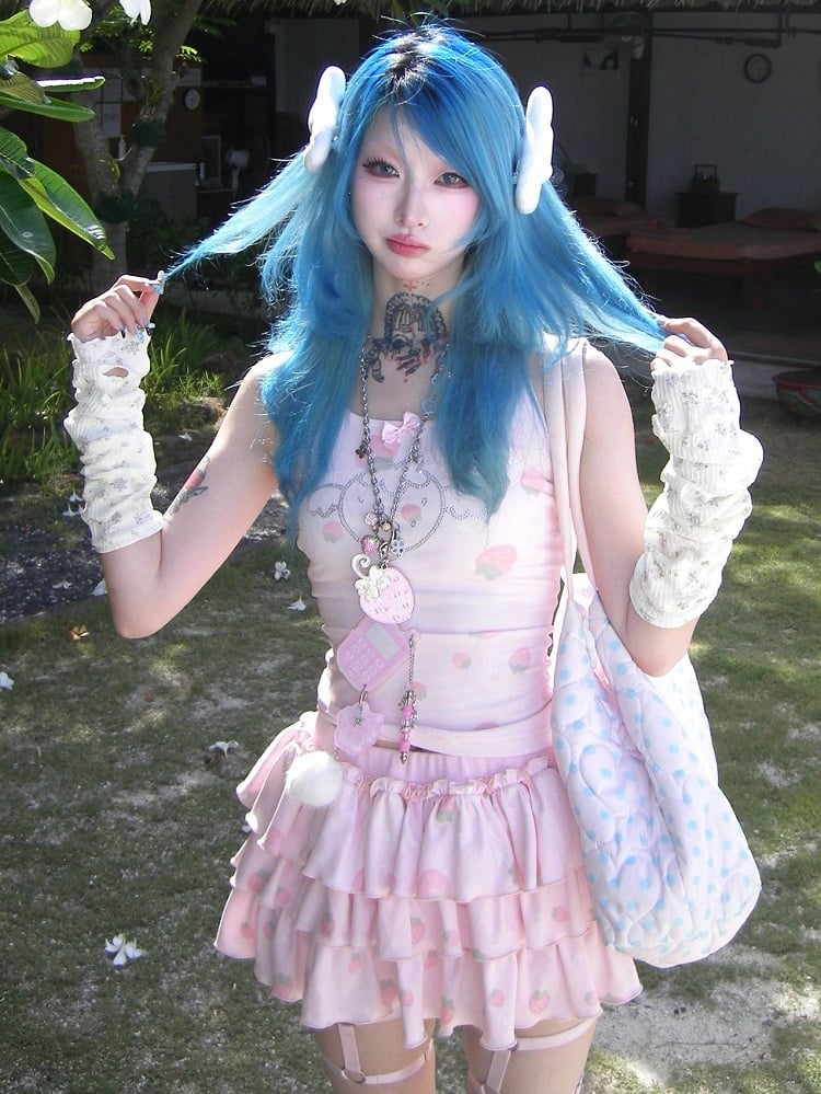 Pink Strawberry Print Cami Top with Rhinestone Details