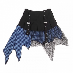 Y2K Black & Blue/ Black & White Handkerchief Hem Mesh Patchwork Plaid Skirt
