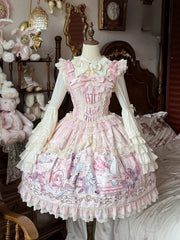 Pink Cat Print Flutter Sleeves Sweet Lolita JSK Dress with Lace Trim and Bow Accents
