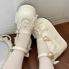 White Sweet Lolita Teddy Bear Themed Platforms with Scalloped Hem, Bow Accents & Heart Snap