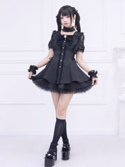 Jirai Kei Style Black Striped Full Set: Cutout Shoulder Dress with Adjustable Side Lace-up and Matching Skirt