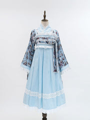 Alice in Wonderland Vibes Blue Bunny and Poker Print Top + Lace Trim JSK Dress Wa Lolita Set