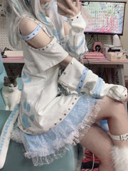 Skeleton Print  Kitty Ears White Hoodie with Detachable Sleeves and Tail