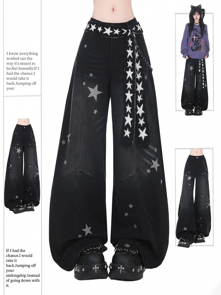 Y2K Blue/Black Wide-leg Jeans with Star Pattern,  Low-rise Design & Front Zipper with Button Closure