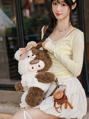 White&Brown Split Color Plush Bear Backpack/Crossbody Bag