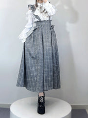 Jirai Kei Style Long Overall Skirt in Black/Gray Plaid with Detachable Flutter Sleeves & Rhinestone Accents