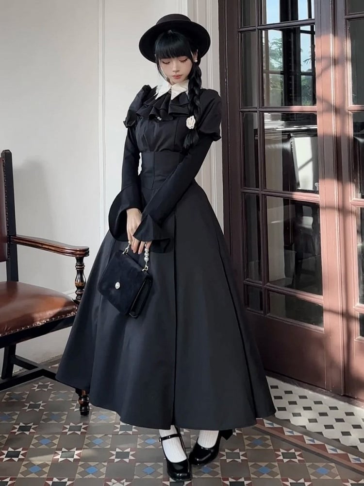 Black & White Juliette Sleeves Gothic Lolita Blouse + Boned Corset High Waist Skirt + Jabot Tie Set