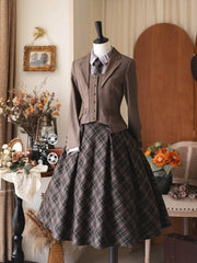 Vintage Preppy Style Dark Green High Waist Plaid Overall Skirt with Tonal Tie