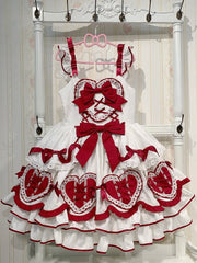 Sweet Heart-Shaped Appliqué and Bow-Embellished White and Red Lolita Dress - Curve-Friendly Fit