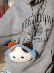 White&Red Plush Letter And Star Embroidery Backpack With A Detachable Kitty Plushie