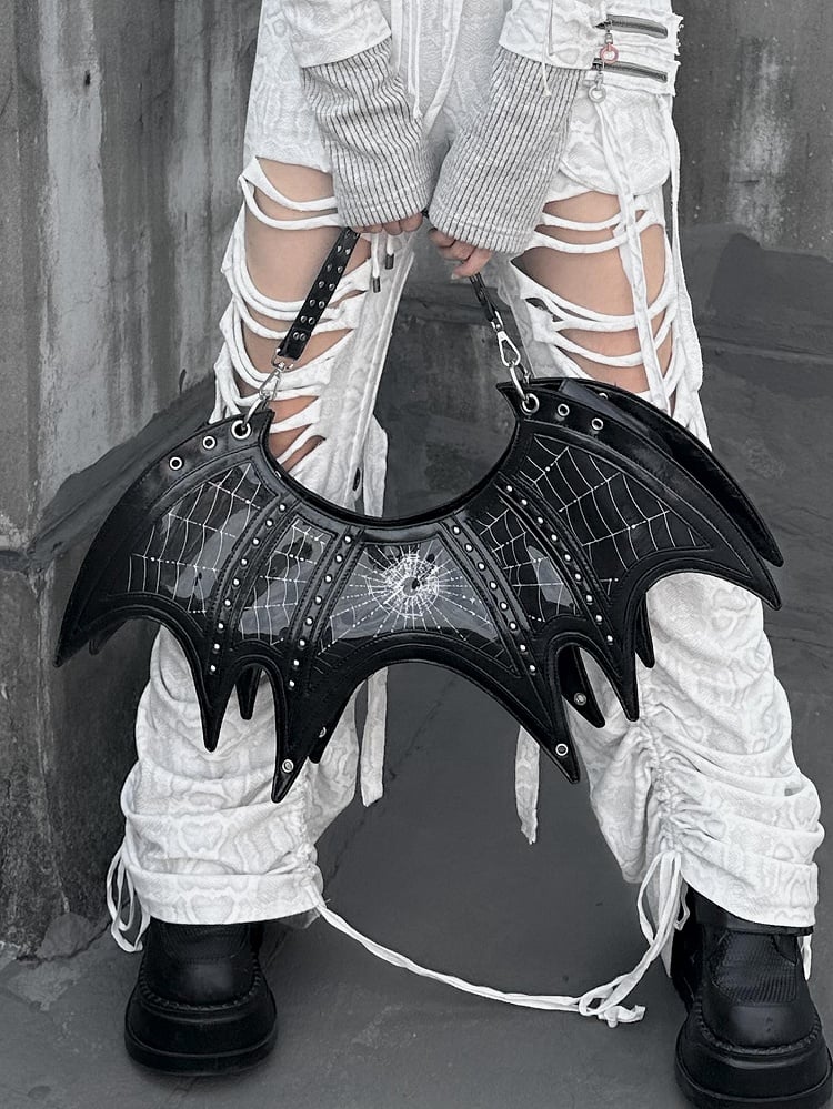 Gothic Spiderweb Print Black Studs Bat Tote Bag with Three Straps