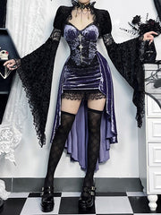 Halloween Purple Gothic Mermaid High-Low Slip Dress with Black Lace & Cross Embellishments