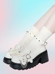 White Punk Bowknot Decorated Butterfly Heart Buckles Studs Details Platforms