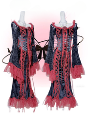 Clearance-Size S for Bust 73-88CM Gothic Black&Red Lace Trim Floral Mermaid Dress+Lace-up Detail Cross Corset Belt