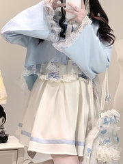 Jirai Kei Short Kitty-Ear Cape with Lace Trim Detail | Black / Pink / Blue