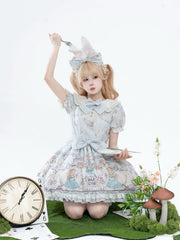 Alice in Wonderland Theme Print Light Blue Sweet Lolita Dress Peter Pan Collar One Piece