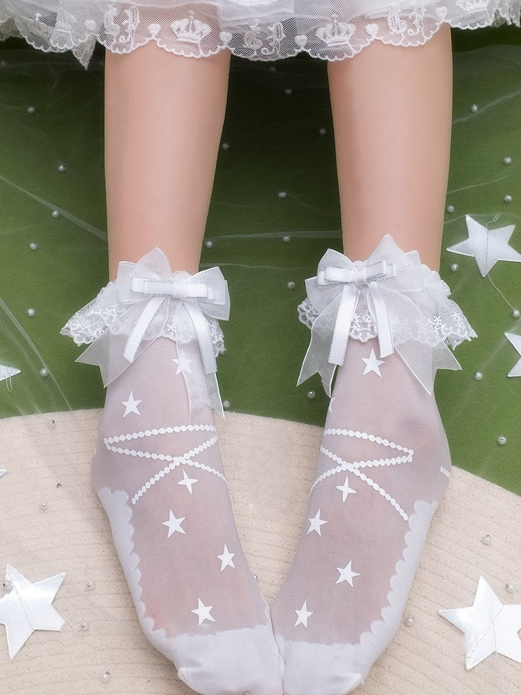 White Star Print Lace Trim Sweet Ankle Socks