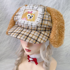 Yellow Plaid Pattern Puppy Plush Ears Adjustable Beret