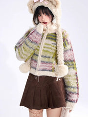 Vintage Green Striped Mohair Crop Cardigan with High Neck & Zip Closure