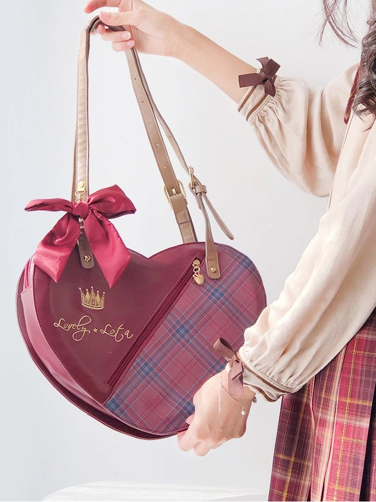 Plaid JK Uniform Heart-Shaped Shoulder Bag with Adjustable Strap