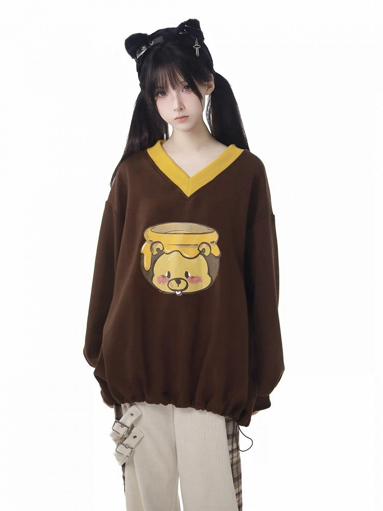 V-neck Coffee Honey Bear Print Loose Sweatshirt Drawstring Hem