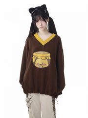 V-neck Coffee Honey Bear Print Loose Sweatshirt Drawstring Hem