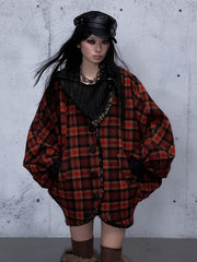 Red Vintage Punk Reversible Denim Jacket with Snap-button Front Closure & Batwing Sleeves