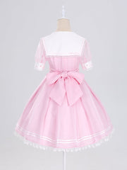 Star Lace Trimmed Sailor Collar Short Sleeves Pink Lolita Dress with a Free Bowtie Magical Girl Dress