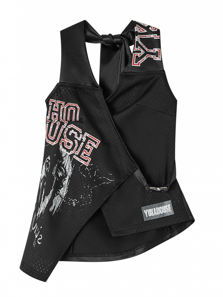 Y2K Black Punk Back Tie Halter Tank Top with Red Letter Print & Snap Front