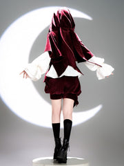 Wine Red Ouji Lolita Velvet Jacket with Oversized Bunny Ears Hood