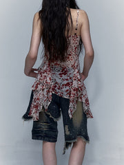 Red Floral Print Punk Y2K Slip Dress with Lace Trim and Handkerchief Hem