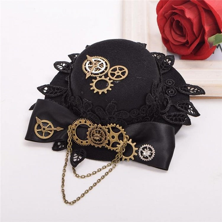 Steampunk Lolita Bowknot Gear Metal Chain Mini Top Hat Hairclip