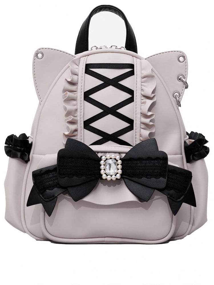 Jirai Kei Black&Pink Cat Ear Backpack With Beaded and Rhinestone Bow